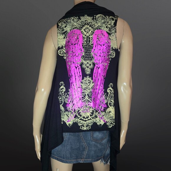 Y2K Black Sleeveless Cardigan Pink Metallic Wings Size S Emo scene Mall Goth - Picture 1 of 10